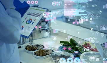 A person in a lab coat analyzing food data with charts and graphs on a clipboard, surrounded by bowls of food and vegetables, with digital data overlays.