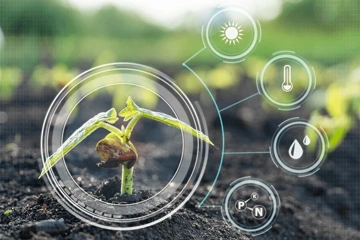 A young plant sprouting from soil with digital icons for sunlight, temperature, moisture, and nutrients.